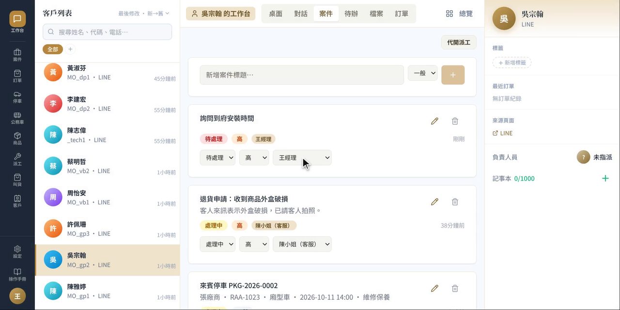 esCrm 客戶工作台的案件分頁:新增案件標題與優先級,每筆案件可直接切換狀態、優先級與負責人