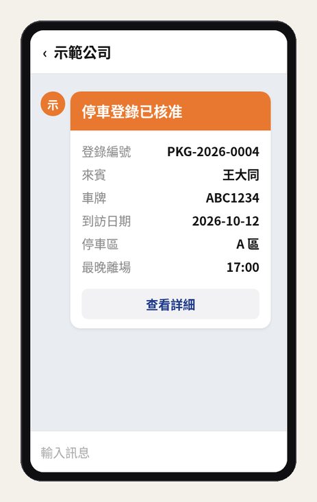 示意畫面:LINE 收到停車登錄已核准通知,列出登錄編號、來賓、車牌、到訪日期、停車區與最晚離場時間