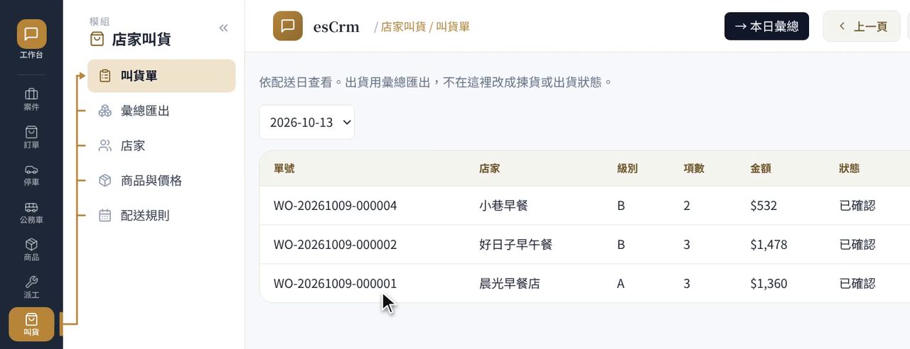 esCrm 叫貨單列表：依配送日列出單號、店家、級別、項數、金額與狀態