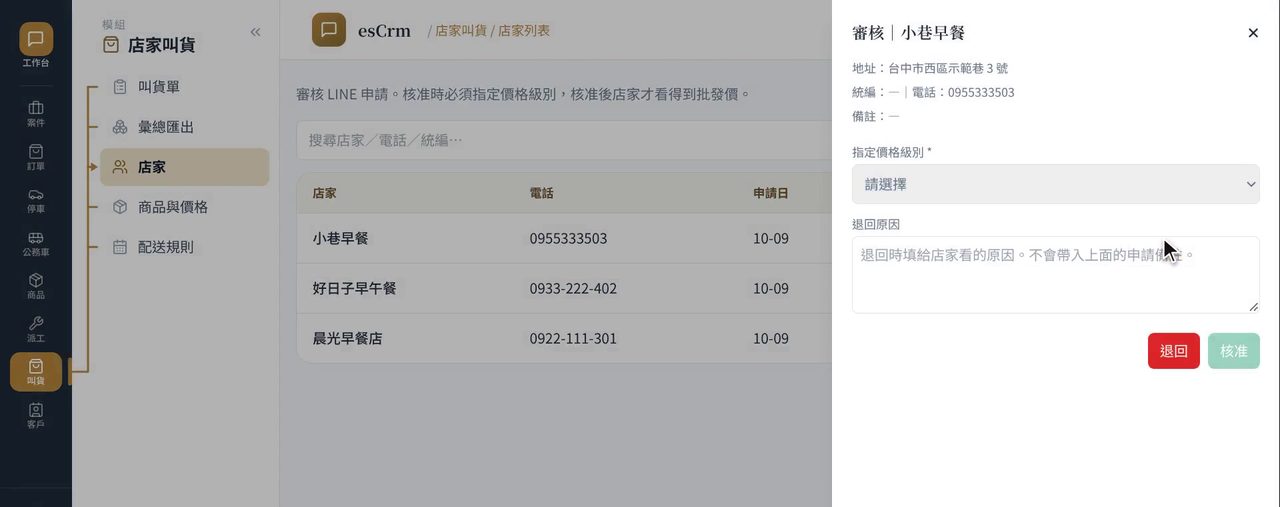 esCrm 店家審核面板：指定價格級別後核准或退回