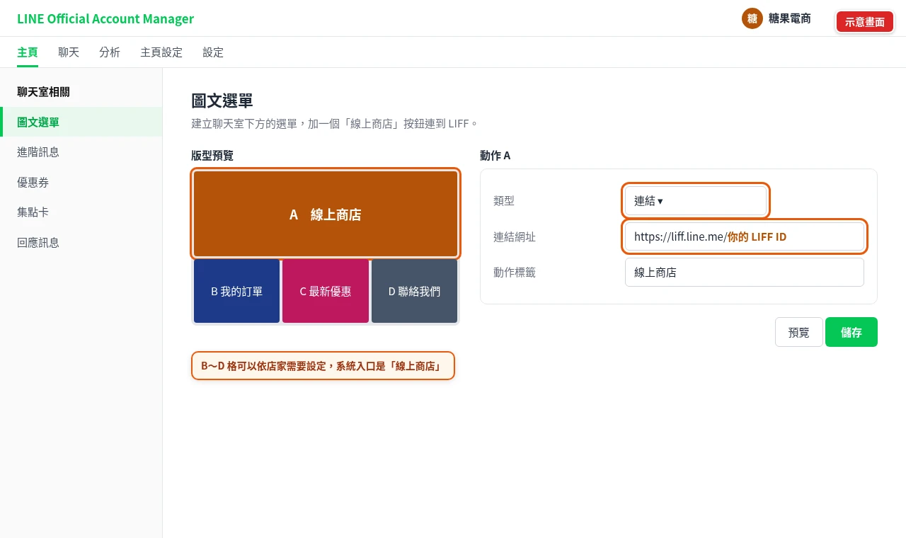 LINE 官方帳號後台圖文選單：A 格動作選連結，網址填 https://liff.line.me/你的 LIFF ID