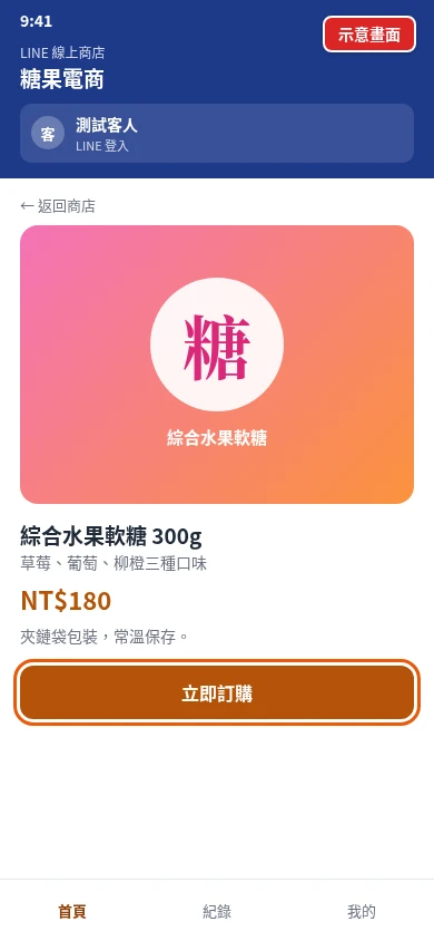 LINE 線上商店商品頁：商品照片、名稱、說明與「立即訂購」按鈕